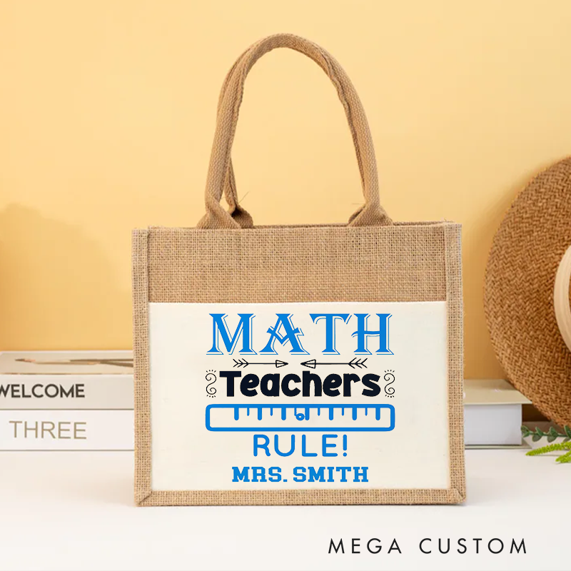 Personalized Teacher Burlap Tote Bag Math Teachers Rule Enthusiastic Gift for Teachers