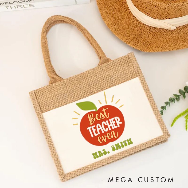 Personalized Teacher Burlap Tote Bag Best Teacher Ever Heartwarming Gift for Teachers