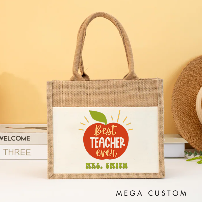 Personalized Teacher Burlap Tote Bag Best Teacher Ever Heartwarming Gift for Teachers