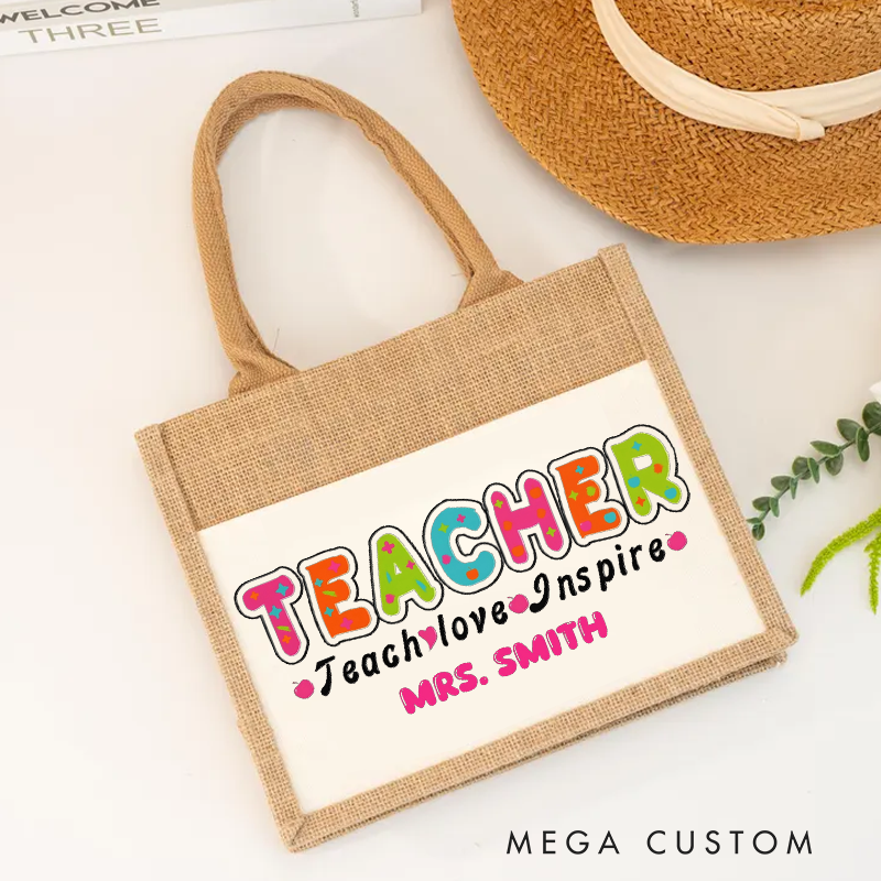 Personalized Teacher Burlap Tote Bag Teach Love Inspire Creative Gift for Teachers