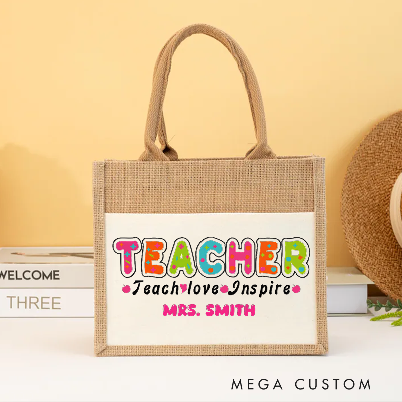 Personalized Teacher Burlap Tote Bag Teach Love Inspire Creative Gift for Teachers