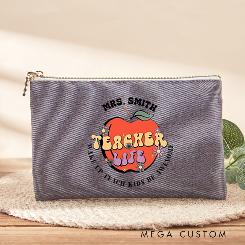 Personalized Makeup Bag Teacher Life Apple Fun and Retro Inspired Gift for Teachers
