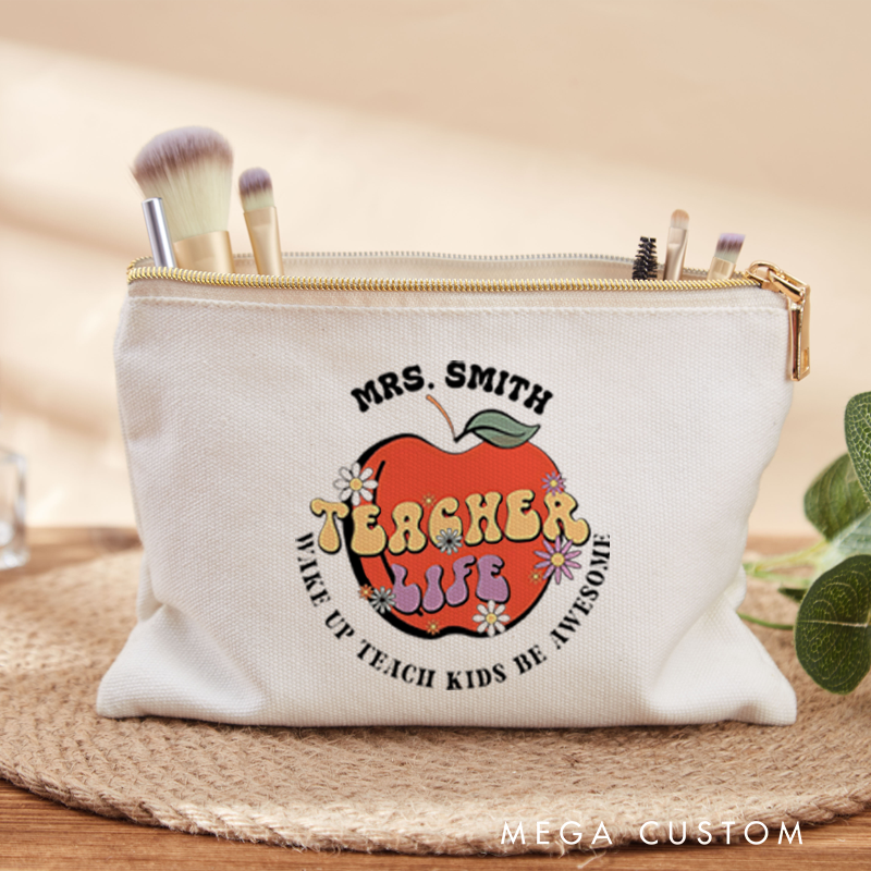 Personalized Makeup Bag Teacher Life Apple Fun and Retro Inspired Gift for Teachers