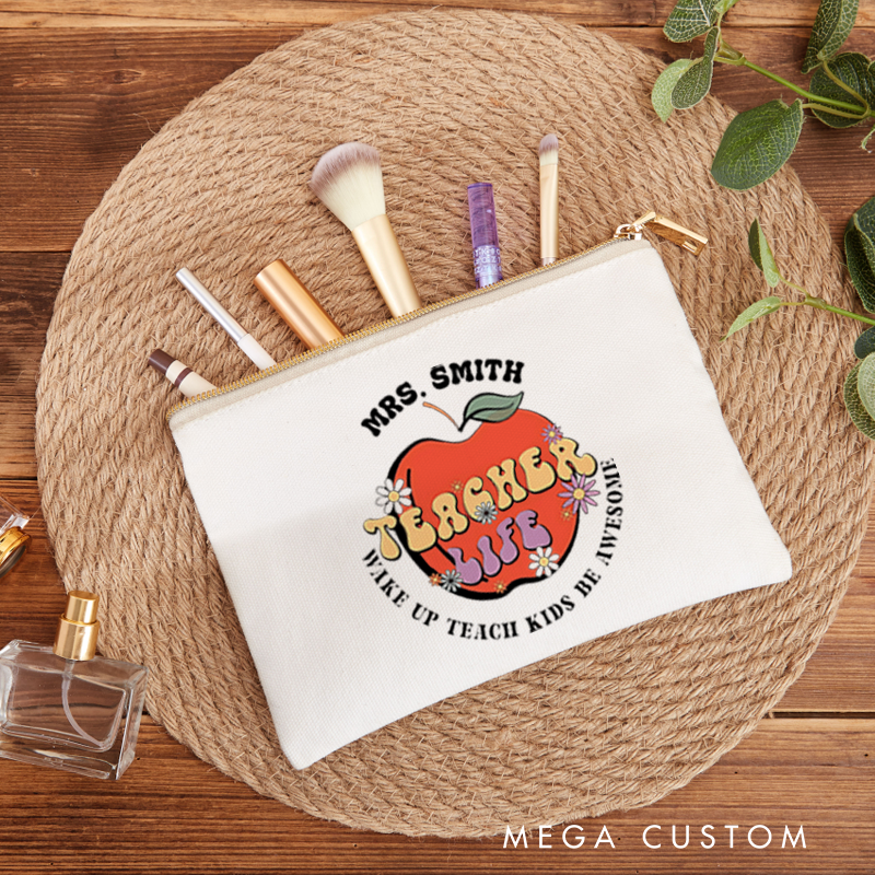 Personalized Makeup Bag Teacher Life Apple Fun and Retro Inspired Gift for Teachers