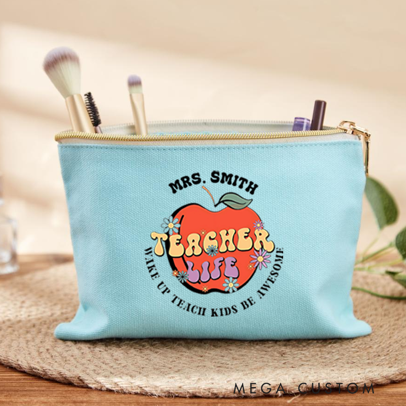Personalized Makeup Bag Teacher Life Apple Fun and Retro Inspired Gift for Teachers