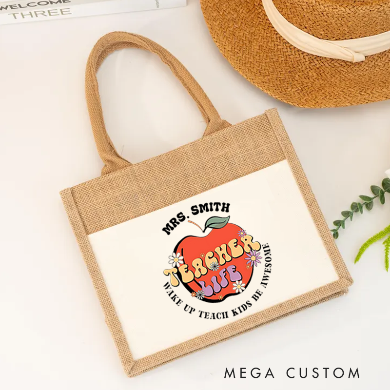 Personalized Burlap Tote Bag Teacher Life Apple Fun and Retro Inspired Gift for Teachers