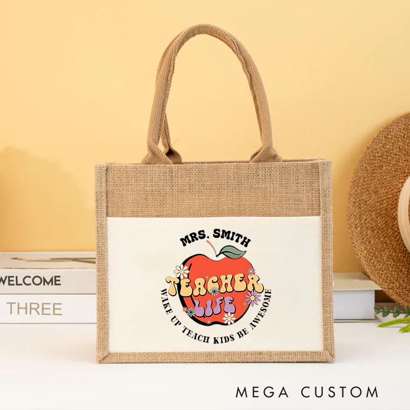 Personalized Burlap Tote Bag Teacher Life Apple Fun and Retro Inspired Gift for Teachers