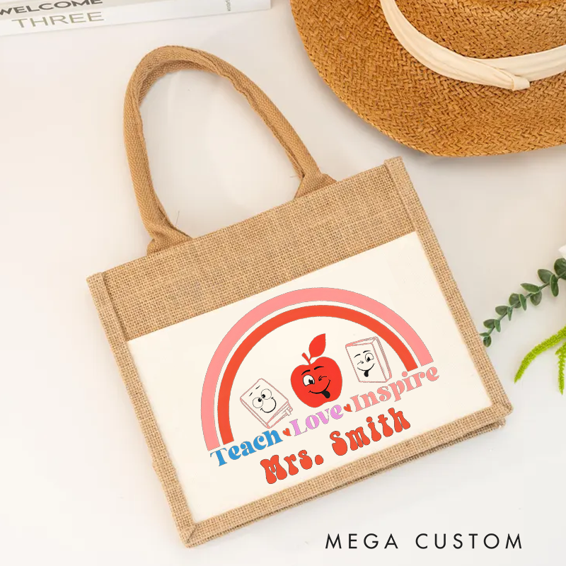 Personalized Teacher Burlap Tote Bag Teach Love Inspire Rainbow Whimsical Gift for Teachers