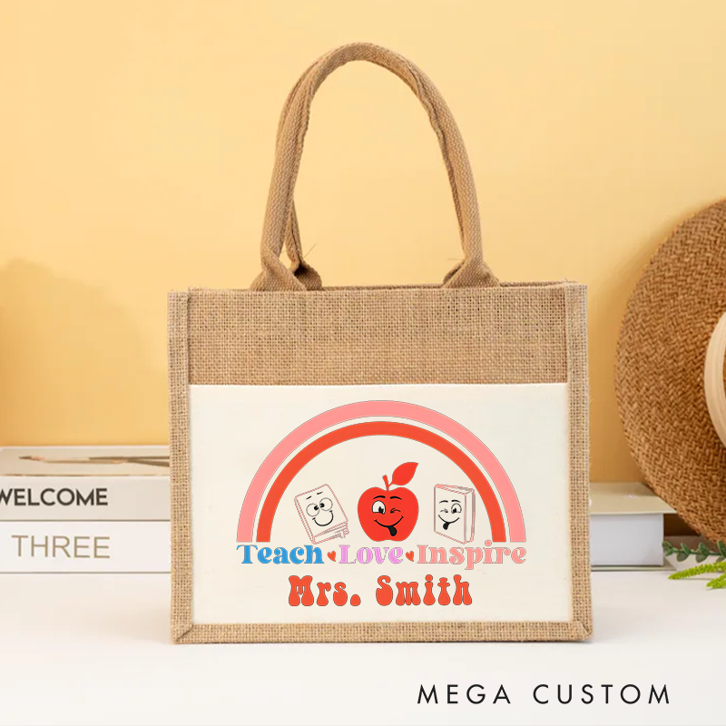 Personalized Teacher Burlap Tote Bag Teach Love Inspire Rainbow Whimsical Gift for Teachers