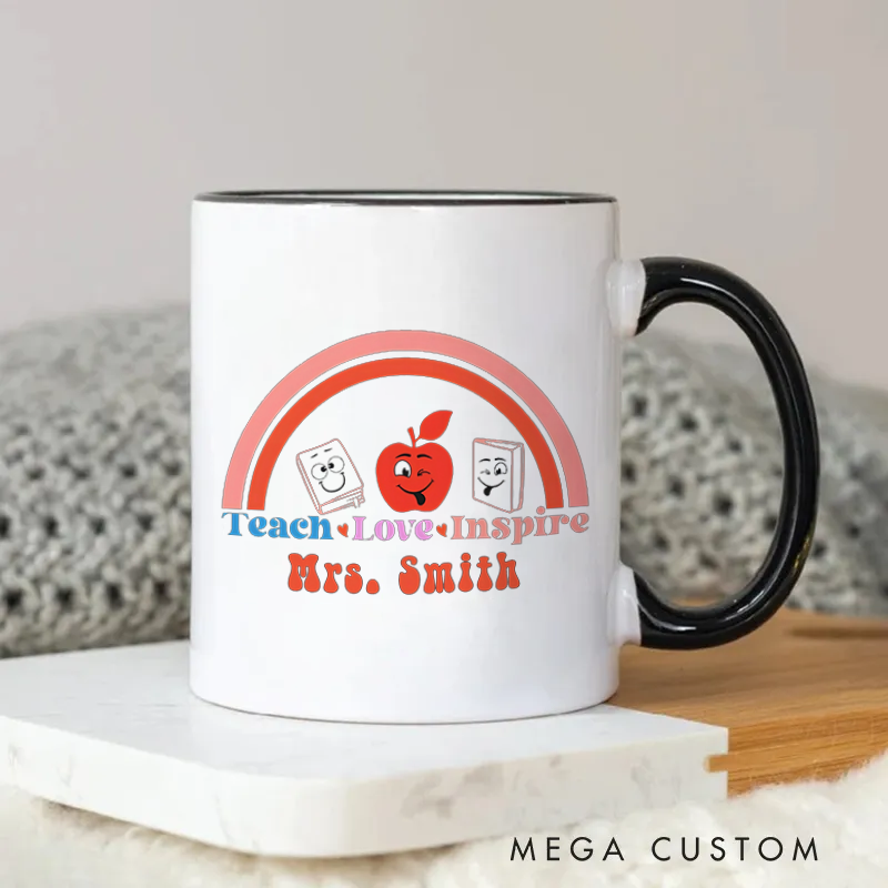 Personalized Teachers Mug Teach Love Inspire Rainbow Whimsical Gift for Teachers
