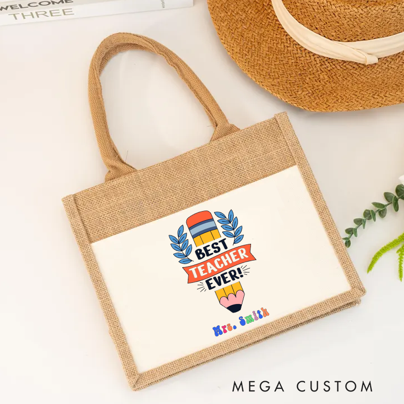 Personalized Burlap Tote Bag Best Teacher Ever Perfect Gift to Show Gratitude and Appreciation for Teachers