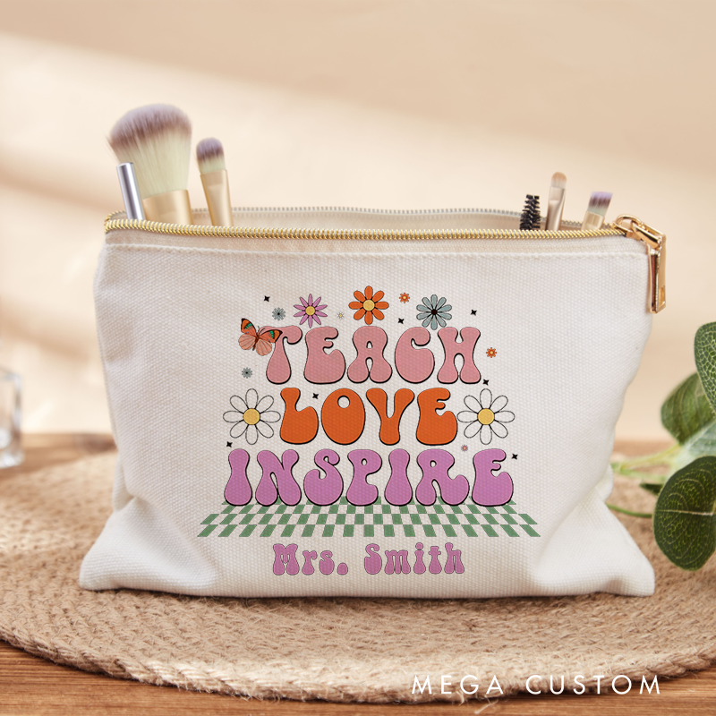 Personalized Makeup Bag Teach Love Inspire Floral and Butterfly Retro Makeup Bag Heartwarming Gift for Teachers