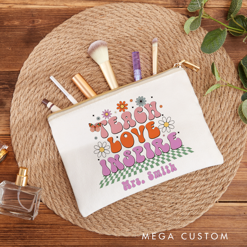 Personalized Makeup Bag Teach Love Inspire Floral and Butterfly Retro Makeup Bag Heartwarming Gift for Teachers