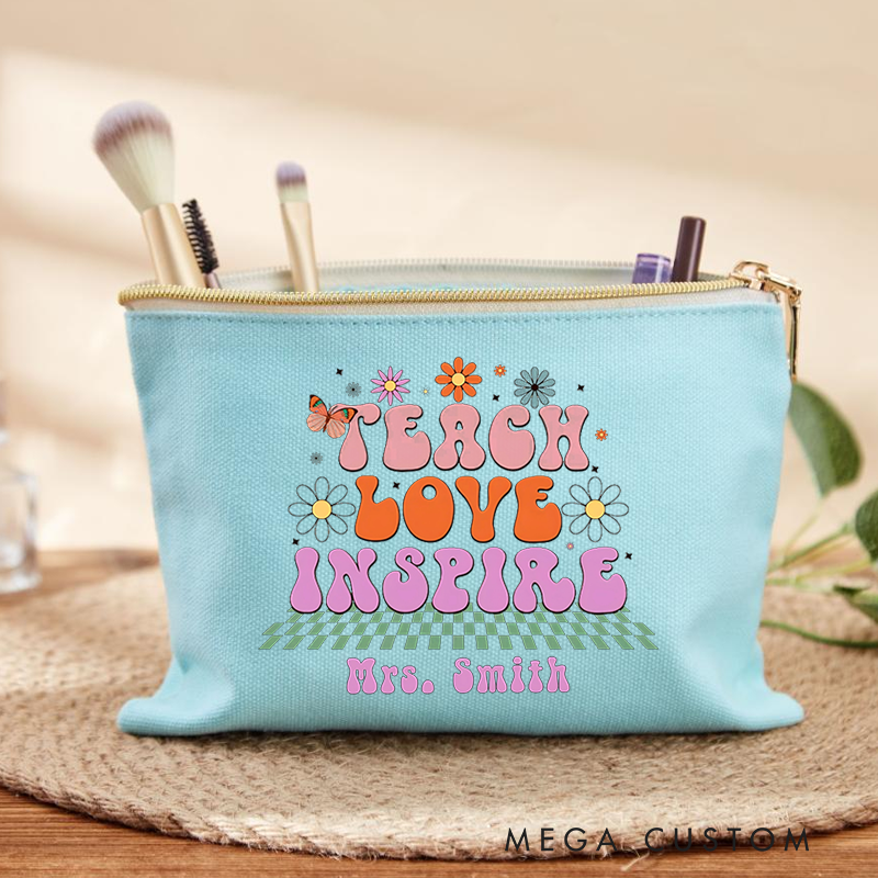 Personalized Makeup Bag Teach Love Inspire Floral and Butterfly Retro Makeup Bag Heartwarming Gift for Teachers