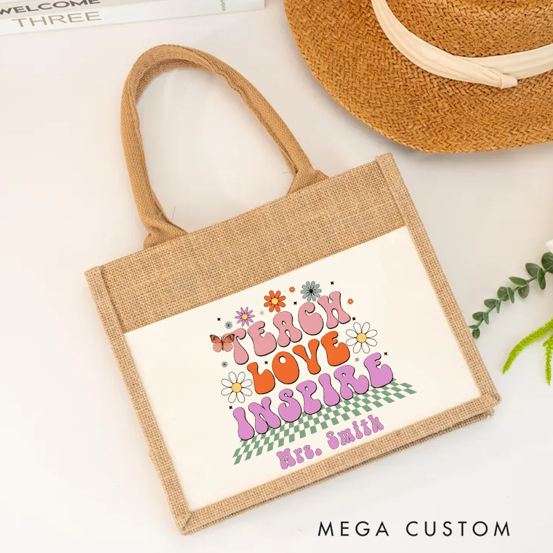 Personalized Burlap Tote Bag Teach Love Inspire Floral and Butterfly Retro Tote Bag Heartwarming Gift for Teachers