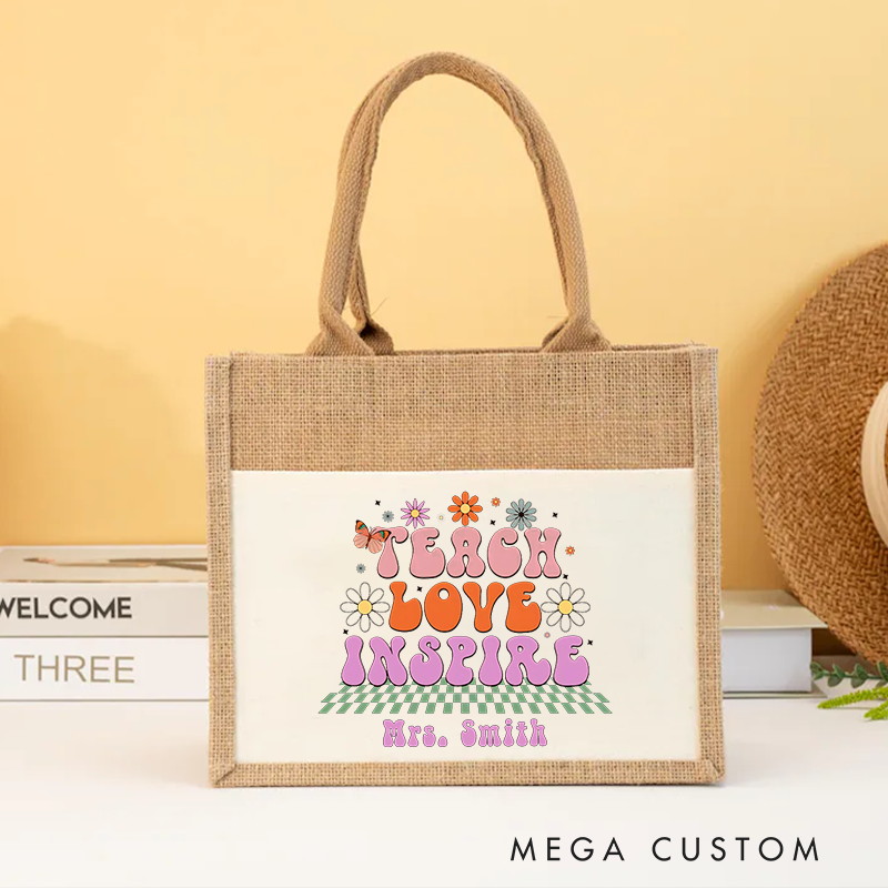 Personalized Burlap Tote Bag Teach Love Inspire Floral and Butterfly Retro Tote Bag Heartwarming Gift for Teachers