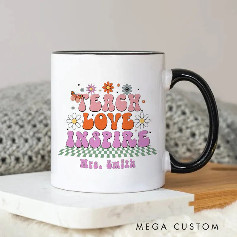 Personalized Teachers Mug Teach Love Inspire Floral and Butterfly Retro Mug Heartwarming Gift for Teachers