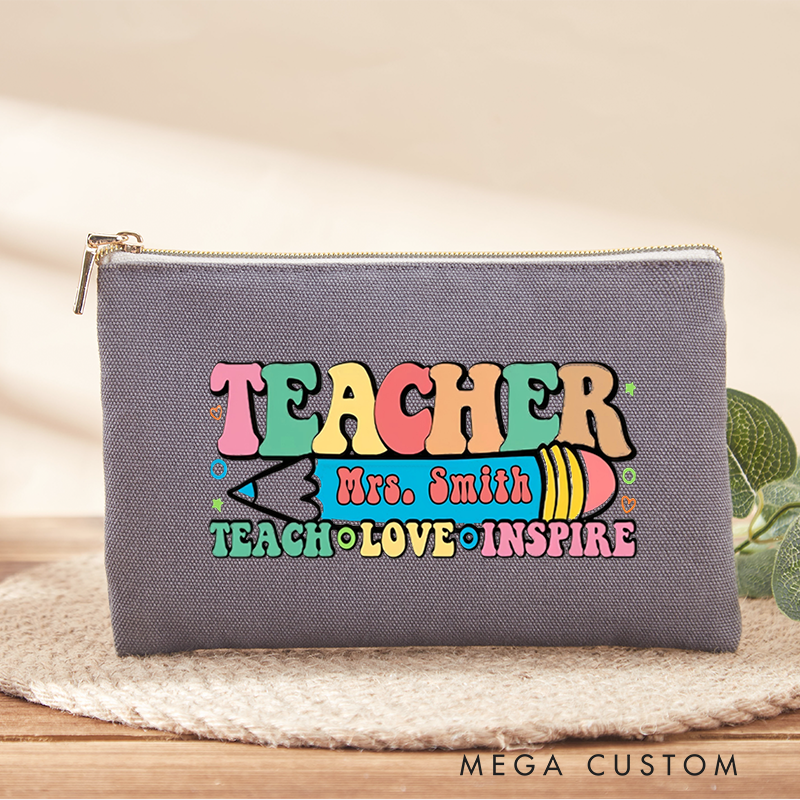 Personalized Teacher Makeup Bag Teach Love Inspire Colorful Retro Appreciation Gift for Teachers