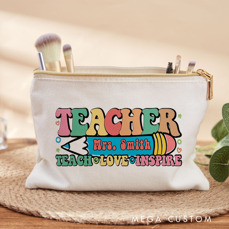 Personalized Teacher Makeup Bag Teach Love Inspire Colorful Retro Appreciation Gift for Teachers