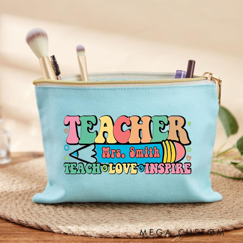 Personalized Teacher Makeup Bag Teach Love Inspire Colorful Retro Appreciation Gift for Teachers