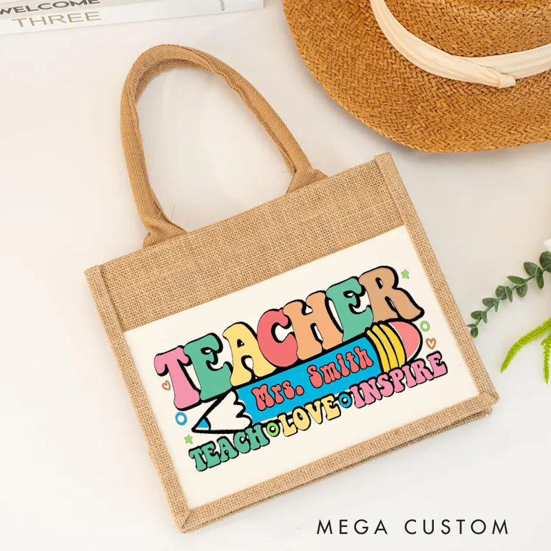 Personalized Teacher Burlap Tote Bag Teach Love Inspire Colorful Retro Appreciation Gift for Teachers