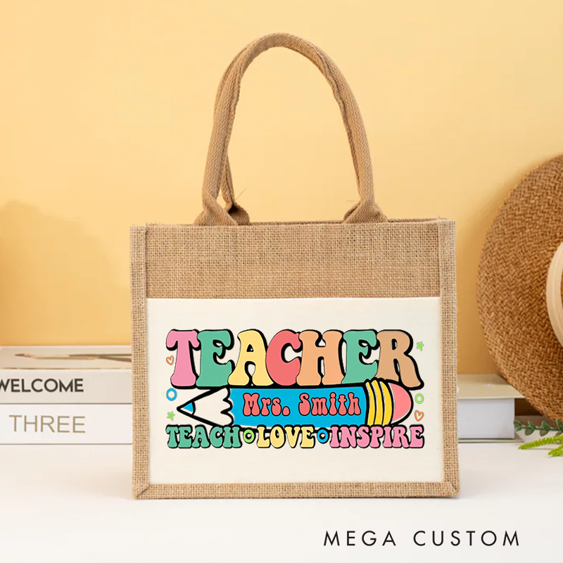 Personalized Teacher Burlap Tote Bag Teach Love Inspire Colorful Retro Appreciation Gift for Teachers