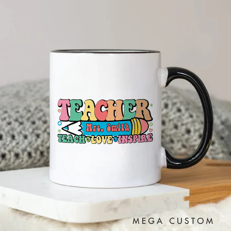 Personalized Teachers Mug Teach Love Inspire Colorful Retro Appreciation Gift for Teachers