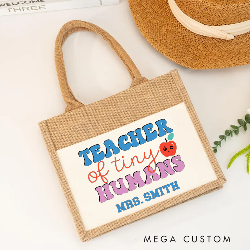 Personalized Burlap Tote Bag Teacher of Tiny Humans Cute Apple Tote Bag Fun Gift for Teachers