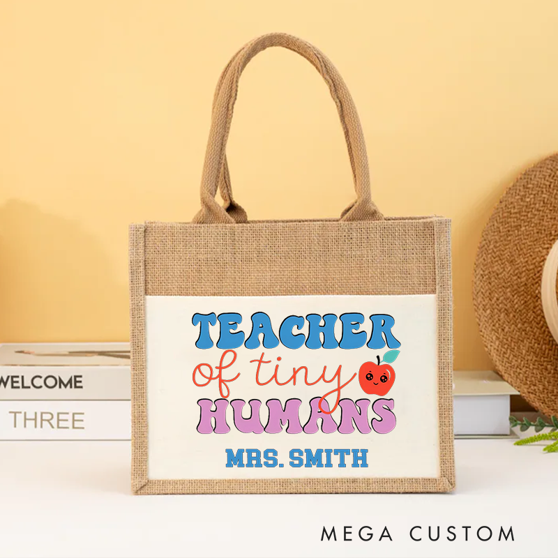Personalized Burlap Tote Bag Teacher of Tiny Humans Cute Apple Tote Bag Fun Gift for Teachers