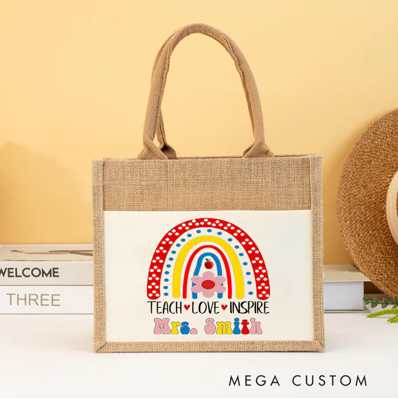 Personalized Teacher Burlap Tote Bag Teach Love Inspire Rainbow and Floral Cute Tote Bag Gift for Teachers