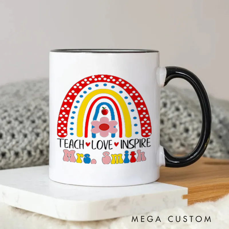 Personalized Teachers Mug Teach Love Inspire Rainbow and Floral Cute Mug Gift for Teachers