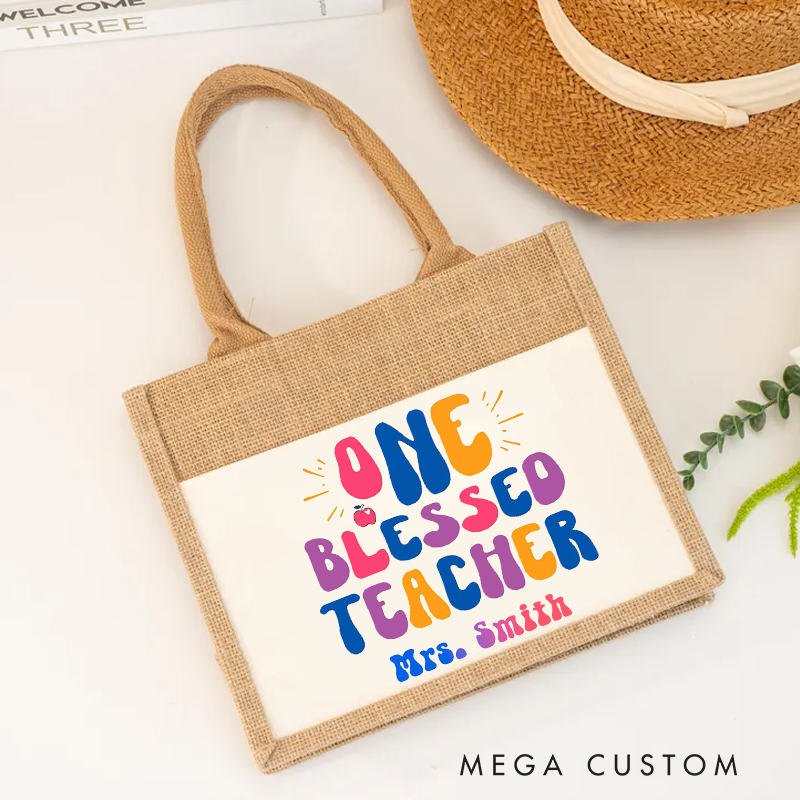 Personalized Teacher Burlap Tote Bag One Blessed Teacher Thoughtful Gift for Teachers