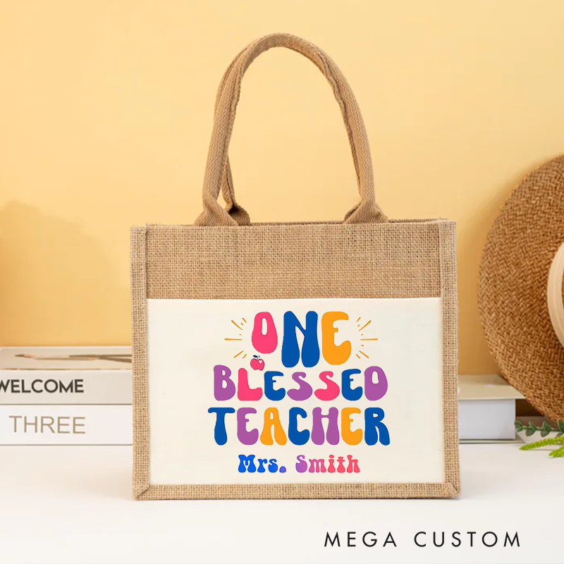 Personalized Teacher Burlap Tote Bag One Blessed Teacher Thoughtful Gift for Teachers