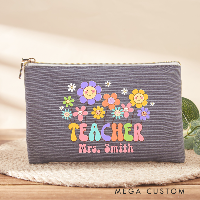 Personalized Teacher Makeup Bag Cheerful Flowers and Teacher Gift for Teachers