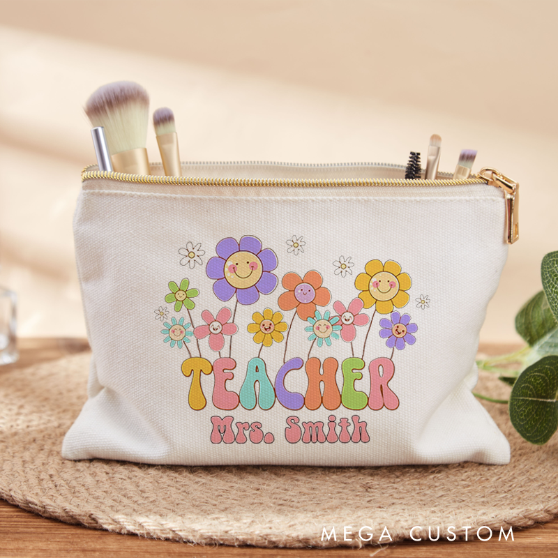 Personalized Teacher Makeup Bag Cheerful Flowers and Teacher Gift for Teachers