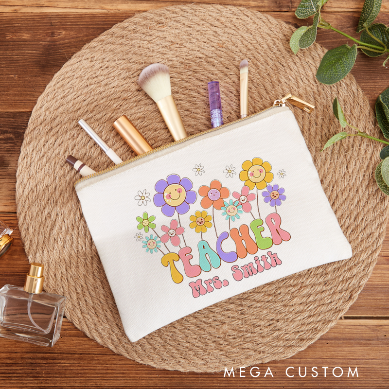 Personalized Teacher Makeup Bag Cheerful Flowers and Teacher Gift for Teachers