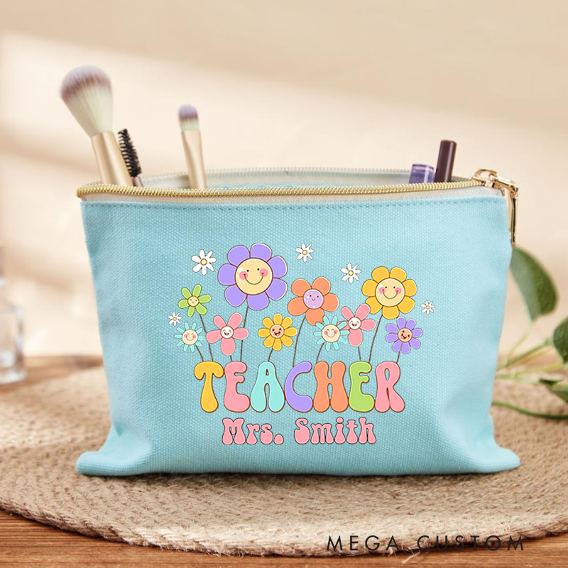 Personalized Teacher Makeup Bag Cheerful Flowers and Teacher Gift for Teachers