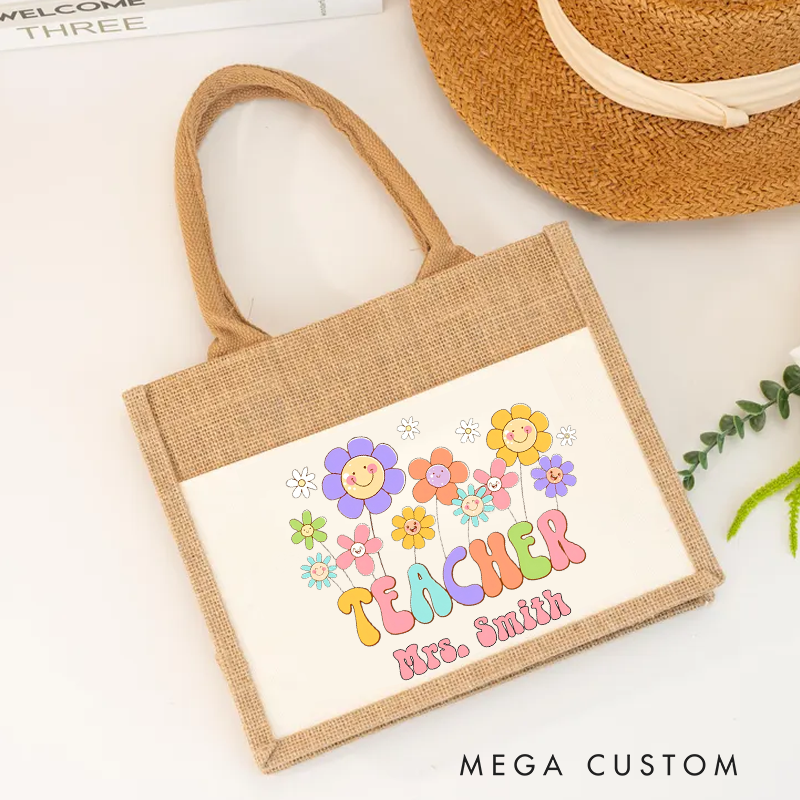 Personalized Teacher Burlap Tote Bag Cheerful Flowers and Teacher Gift for Teachers