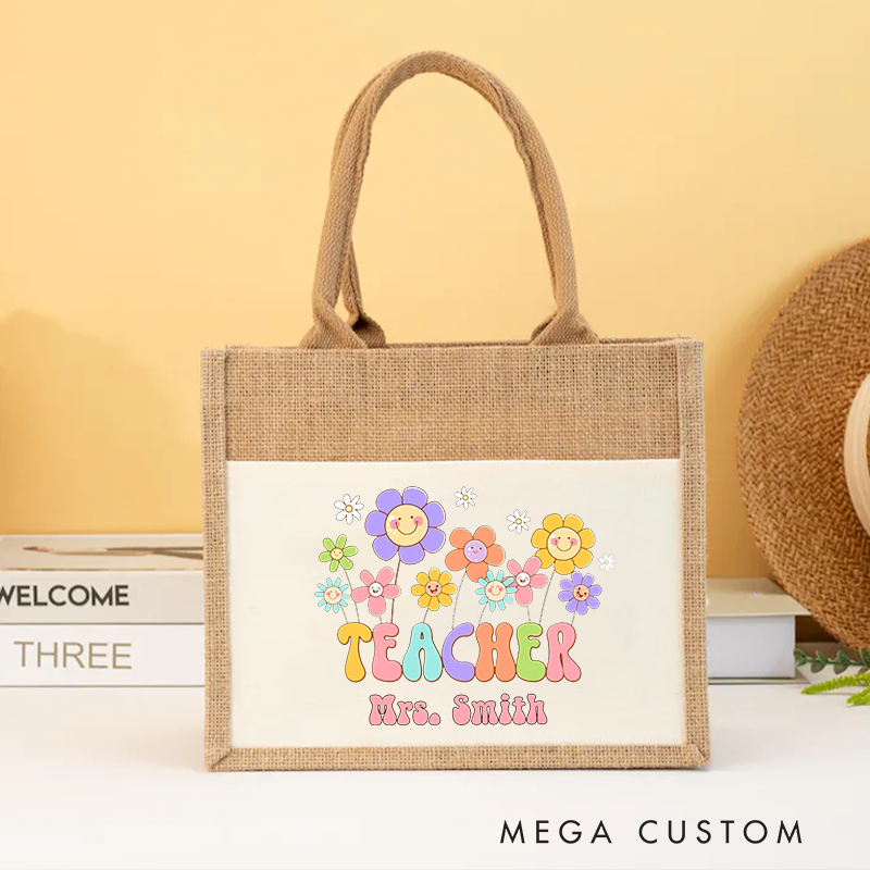 Personalized Teacher Burlap Tote Bag Cheerful Flowers and Teacher Gift for Teachers