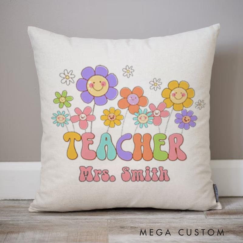 Personalized Teachers Throw Pillow Cheerful Flowers and Teacher Gift for Teachers