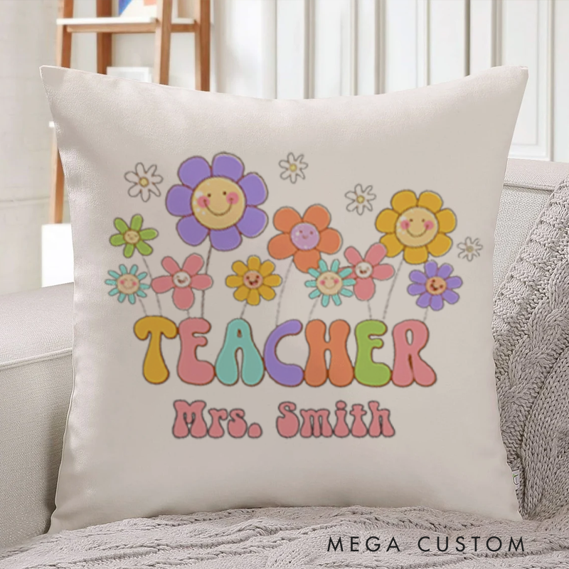 Personalized Teachers Throw Pillow Cheerful Flowers and Teacher Gift for Teachers