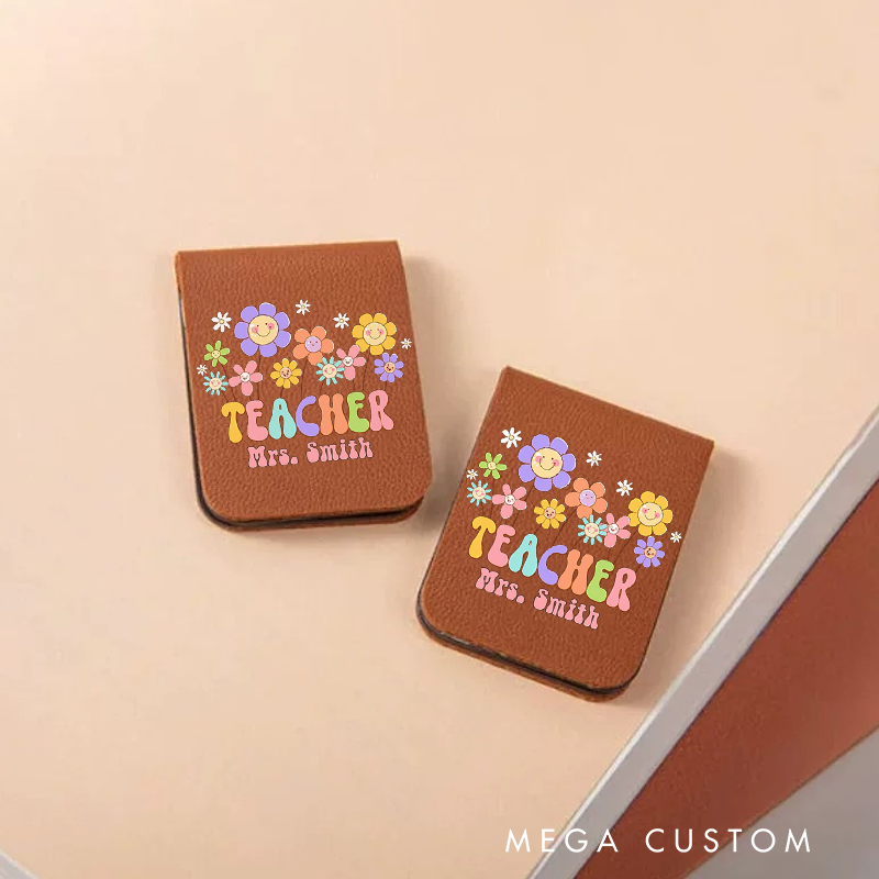 Personalized Teacher Leather Magnetic Bookmark Cheerful Flowers and Teacher Gift for Teachers