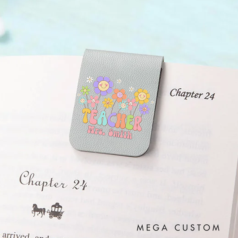 Personalized Teacher Leather Magnetic Bookmark Cheerful Flowers and Teacher Gift for Teachers