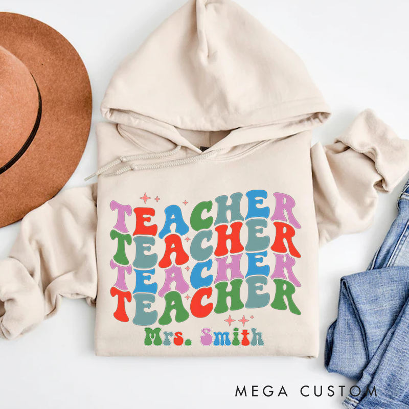 Personalized Teachers Hoodies Colorful Groovy Repeating Teacher Hoodies Fun and Playful Style Gift for Teachers