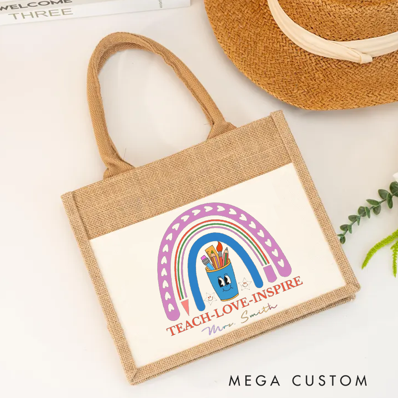 Personalized Teacher Burlap Tote Bag Teach Love Inspire Rainbow Tote Bag Whimsical and Heartfelt Gift for Teachers