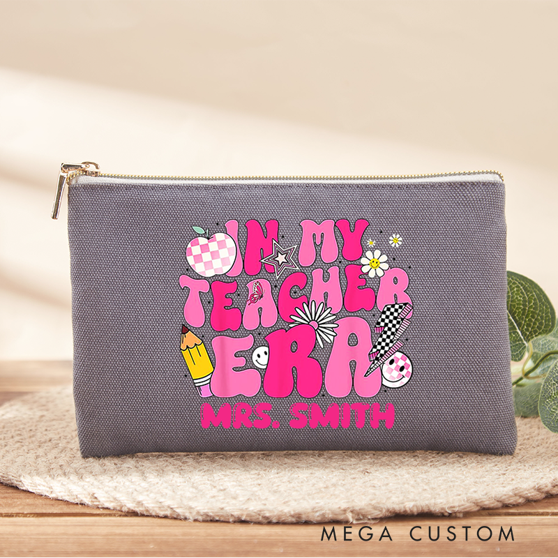 Personalized Teacher Makeup Bag in My Teacher Era Pink Groovy Makeup Bag Gift for Teachers