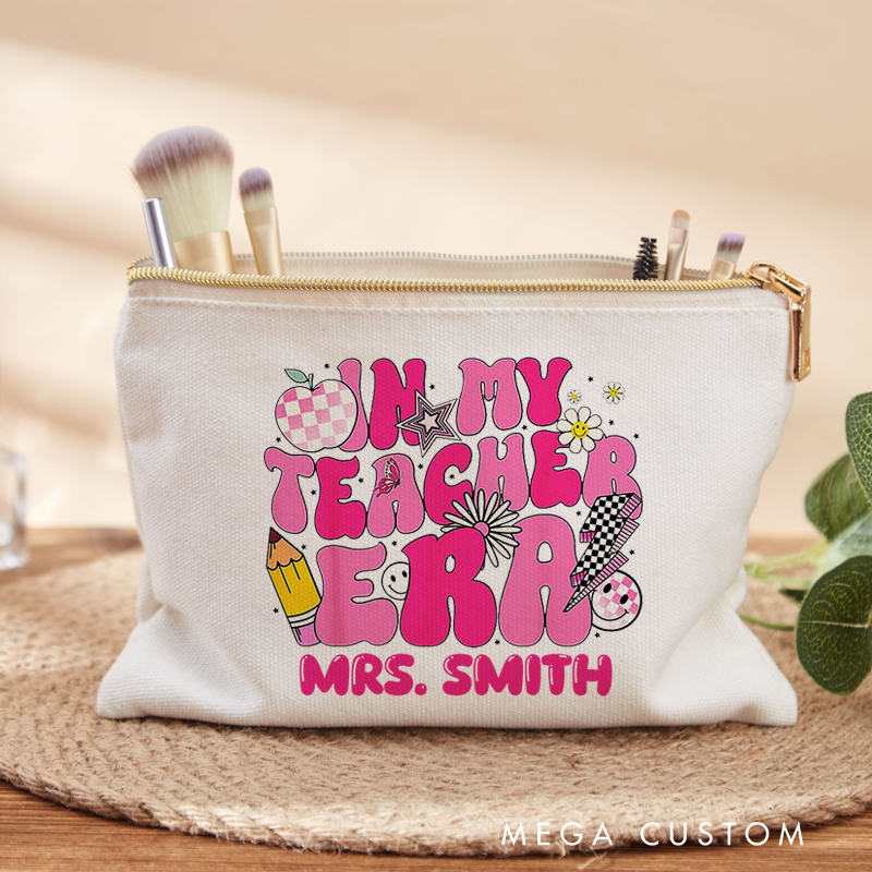 Personalized Teacher Makeup Bag in My Teacher Era Pink Groovy Makeup Bag Gift for Teachers