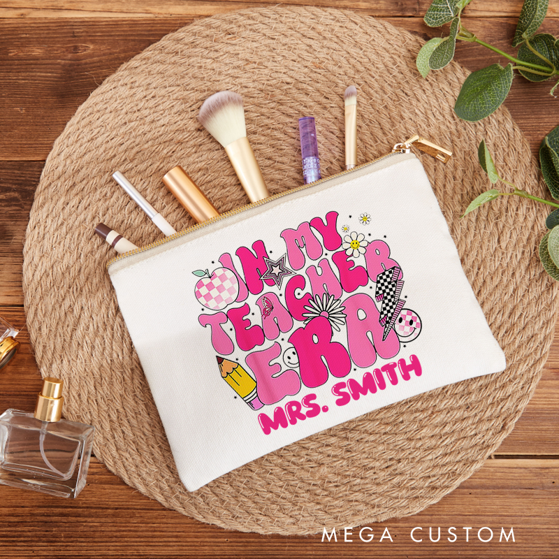 Personalized Teacher Makeup Bag in My Teacher Era Pink Groovy Makeup Bag Gift for Teachers