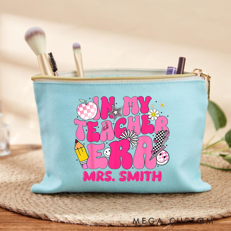 Personalized Teacher Makeup Bag in My Teacher Era Pink Groovy Makeup Bag Gift for Teachers