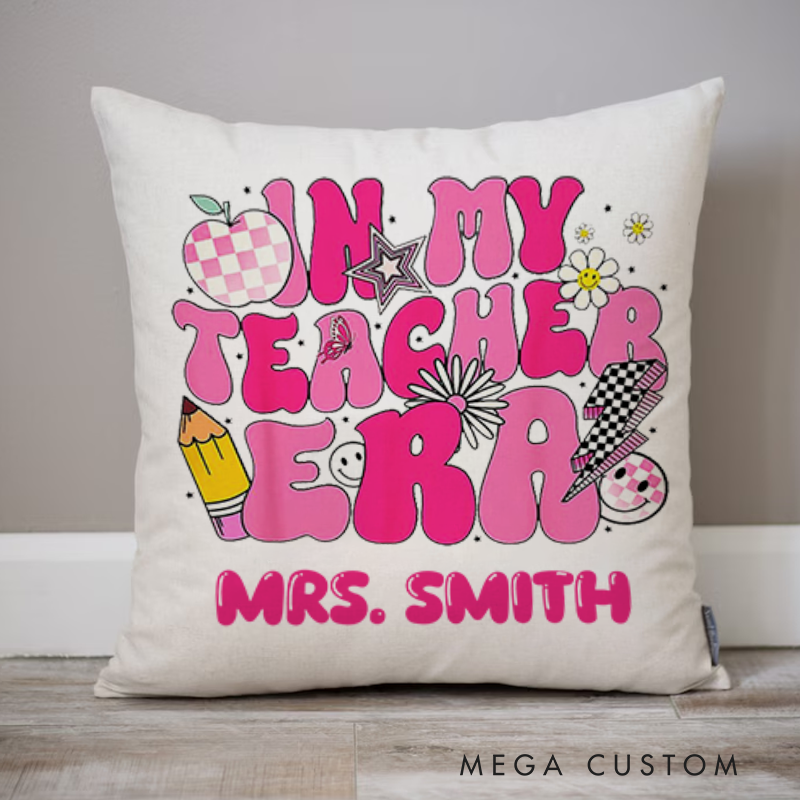 Personalized Teachers Throw Pillow in My Teacher Era Pink Groovy Pillow Gift for Teachers